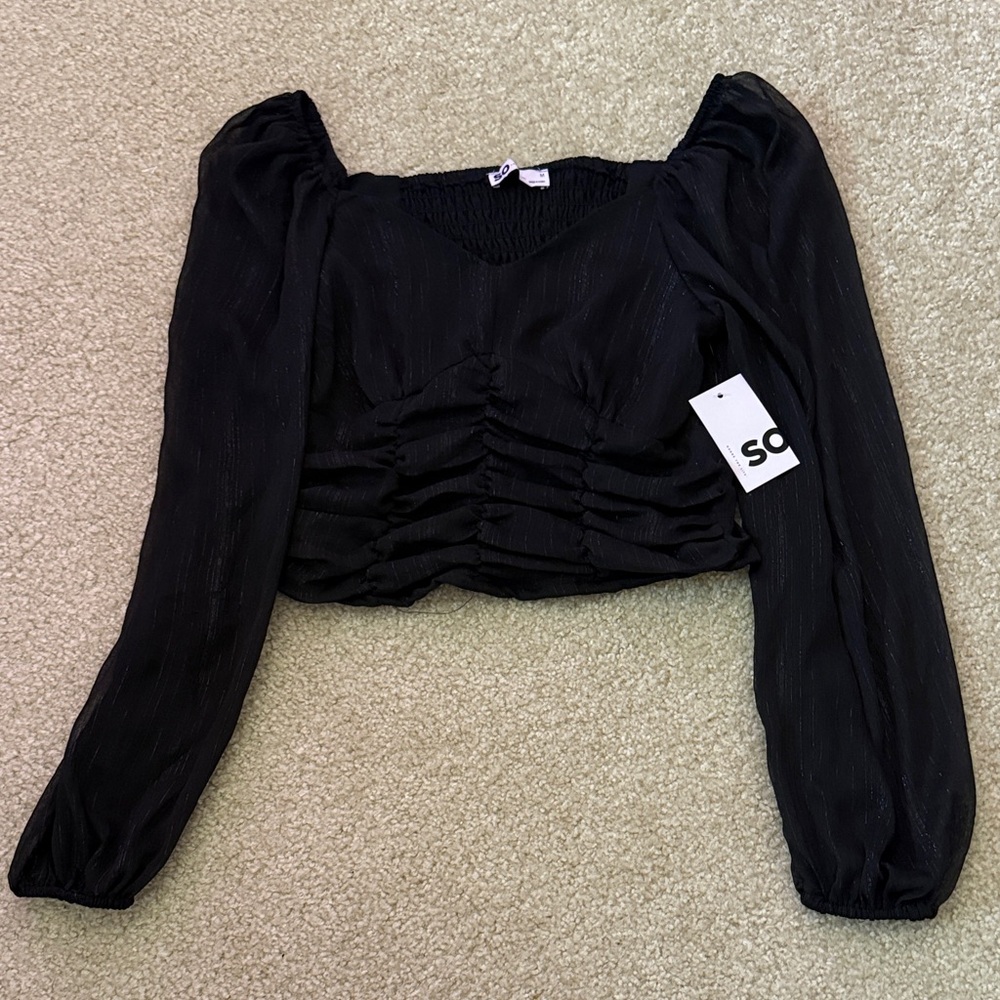 NWT SO black cinched long sleeve party top